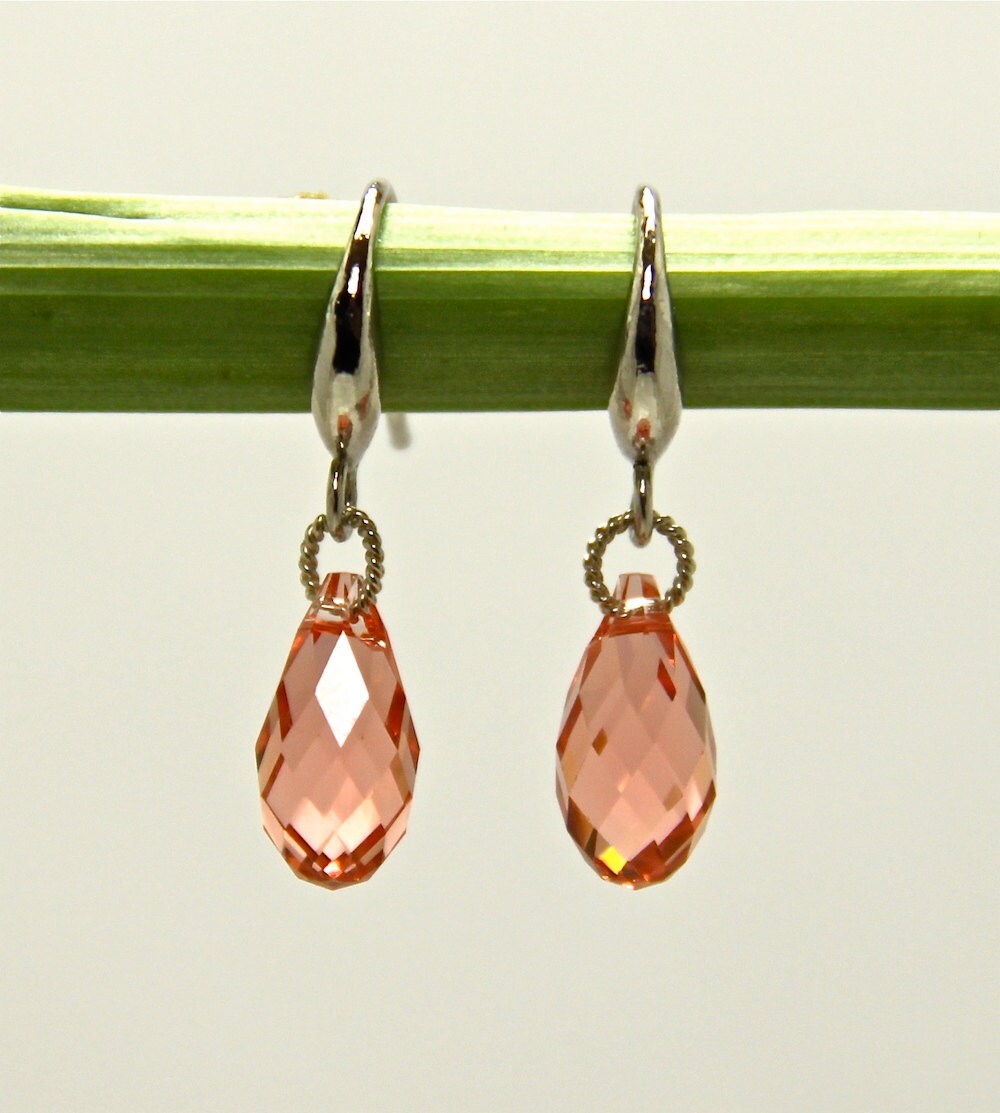 Peach Swarovski Crystal Earrings, Swarovski Crystal Sterling Silver Earrings, Crystal drop Earrings, Holiday Gifts for her, Jewelry Gift