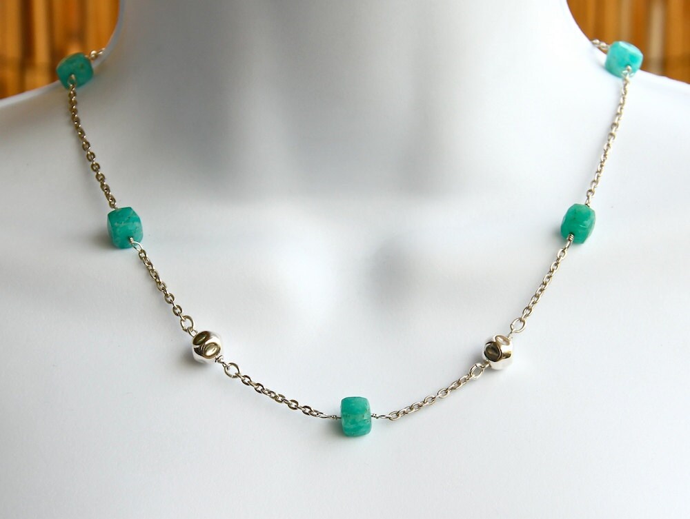 Amazonite Sterling Silver necklace, Aqua Amazonite necklace, Amazonite beads necklace