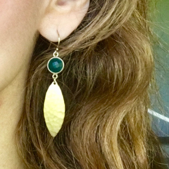 Gold Leaf Earrings, Leaf earrings, Boho Jewelry, Boho Earring, blue Quartz earrings, s, Gold Leaf earrings, Boho chic earrings