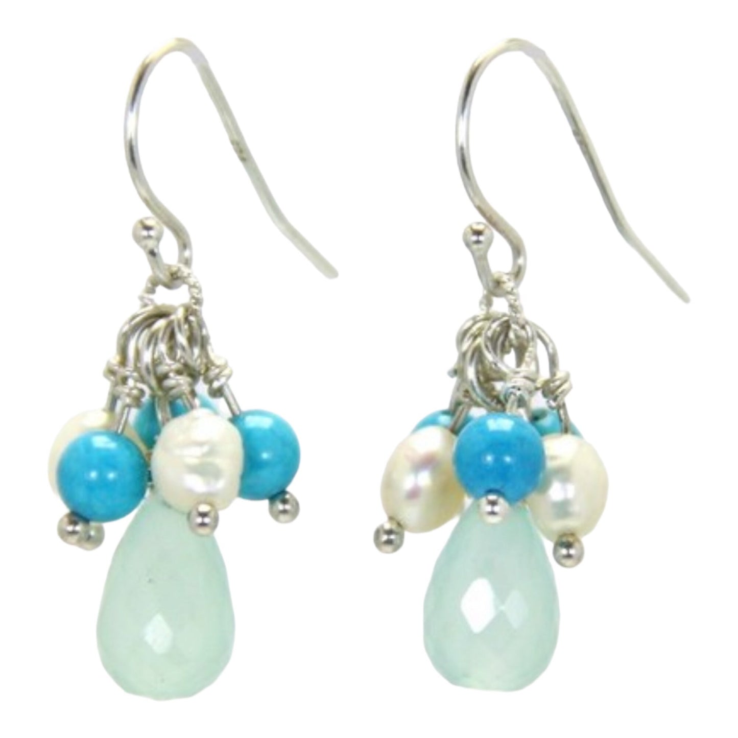 Aqua Chalcedony, Turquoise & Pearl Earrings, Sterling Silver Earrings, December birthstone, Turquoise Jewelry