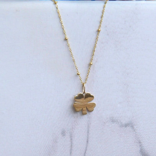 14k solid yellow Gold Clover pendant adorned with either 14k solid yellow gold bead chain or 14k gold filled cable chain