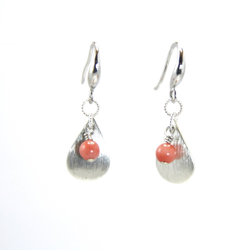 Coral Sterling Silver drop Earrings, Coral earrings, Leaf earrings