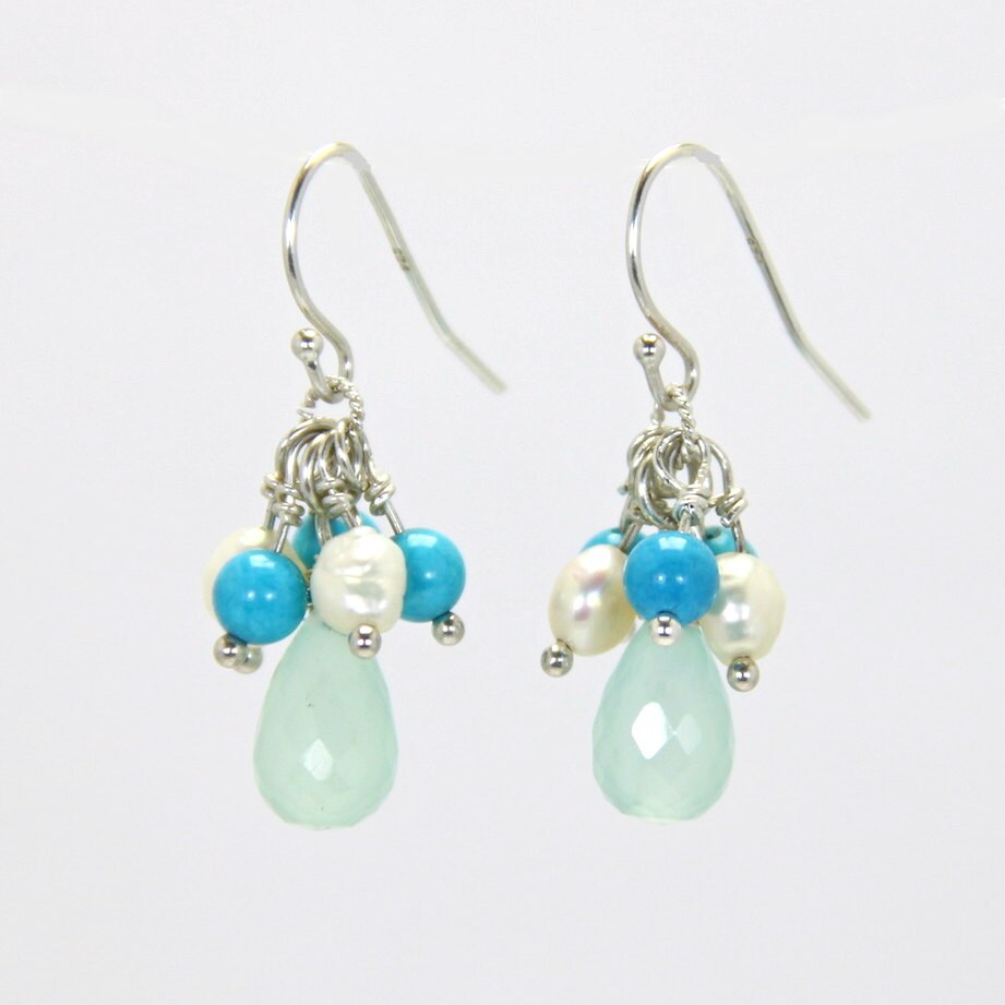 Aqua Chalcedony, Turquoise & Pearl Earrings, Sterling Silver Earrings, December birthstone, Turquoise Jewelry