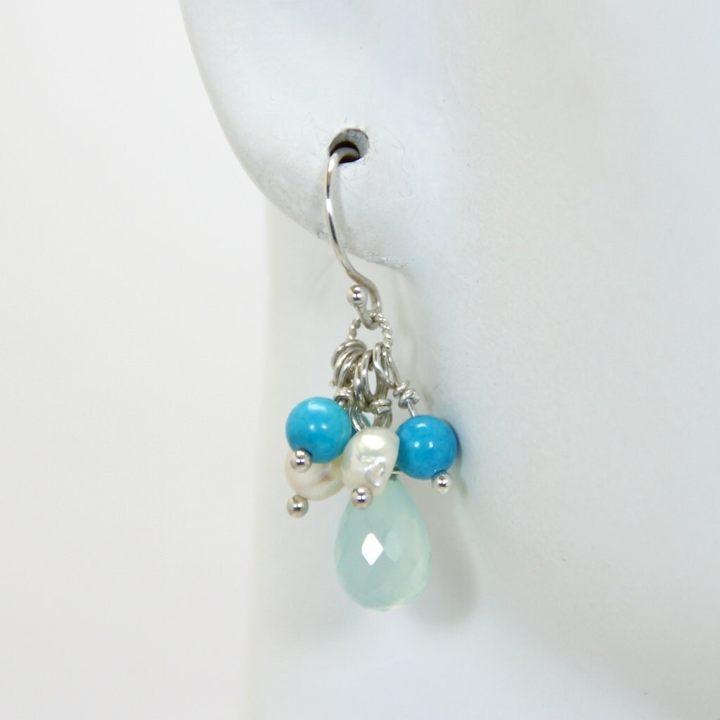 Aqua Chalcedony, Turquoise & Pearl Earrings, Sterling Silver Earrings, December birthstone, Turquoise Jewelry