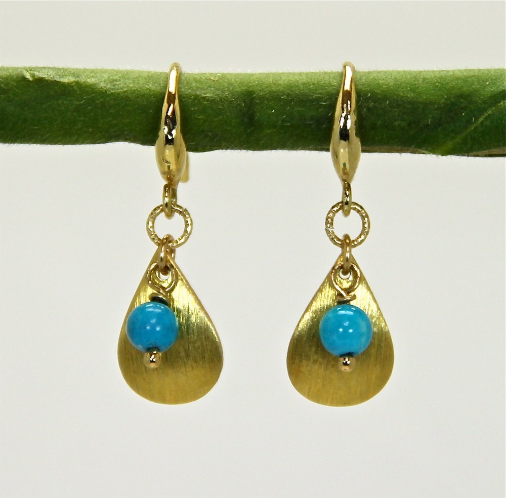 Turquoise Earrings, Gold Leaf Earrings, Leaf Earrings, genuine turquoise earrings, gift for her