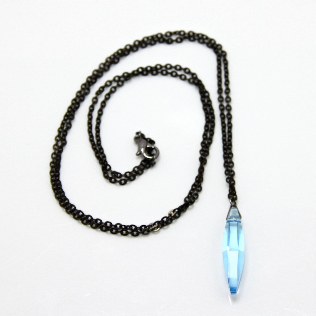 Long Blue Topaz Crystal black chain, Blue Swarovski Crystal Gun Metal Plated chain