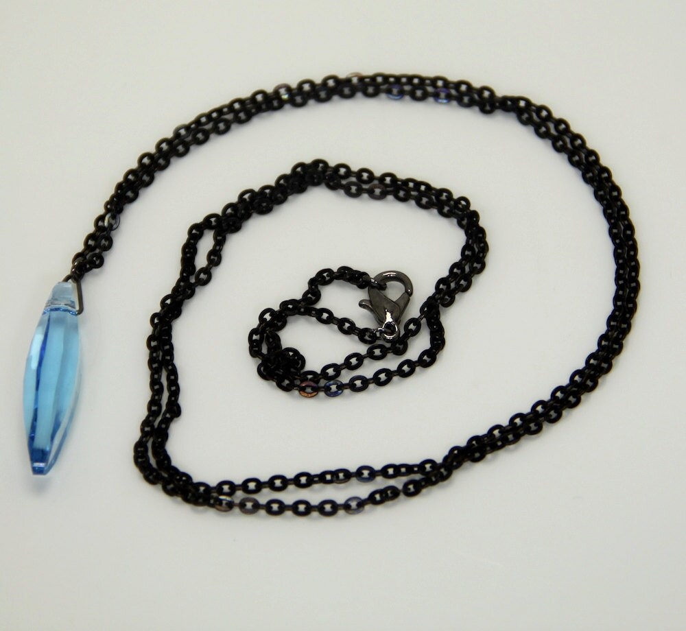 Long Blue Topaz Crystal black chain, Blue Swarovski Crystal Gun Metal Plated chain
