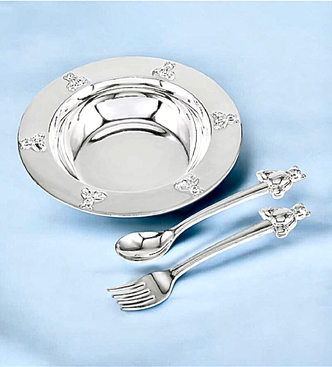 Silver Teddy Bear Bowl, Spoon, Fork Set