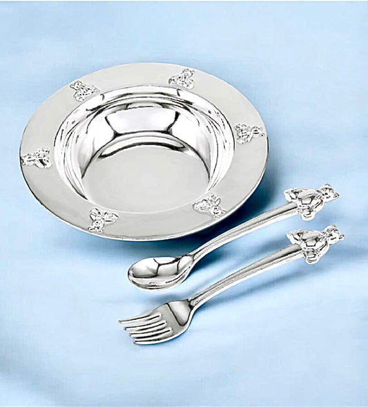 Silver Teddy Bear Bowl, Spoon, Fork Set