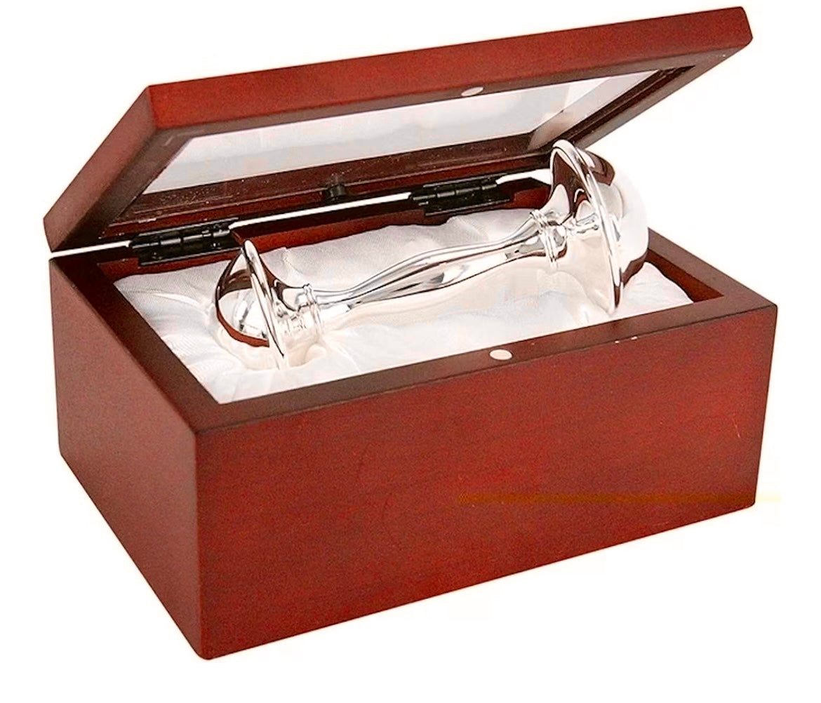 Silver Dumbbell Deluxe Baby rattle, polished finish, wood Gift box