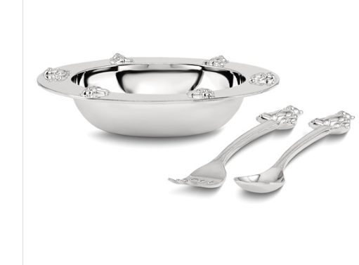 Silver Teddy Bear Bowl, Spoon, Fork Set