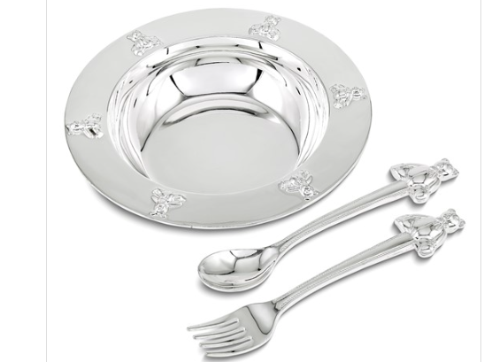 Silver Teddy Bear Bowl, Spoon, Fork Set