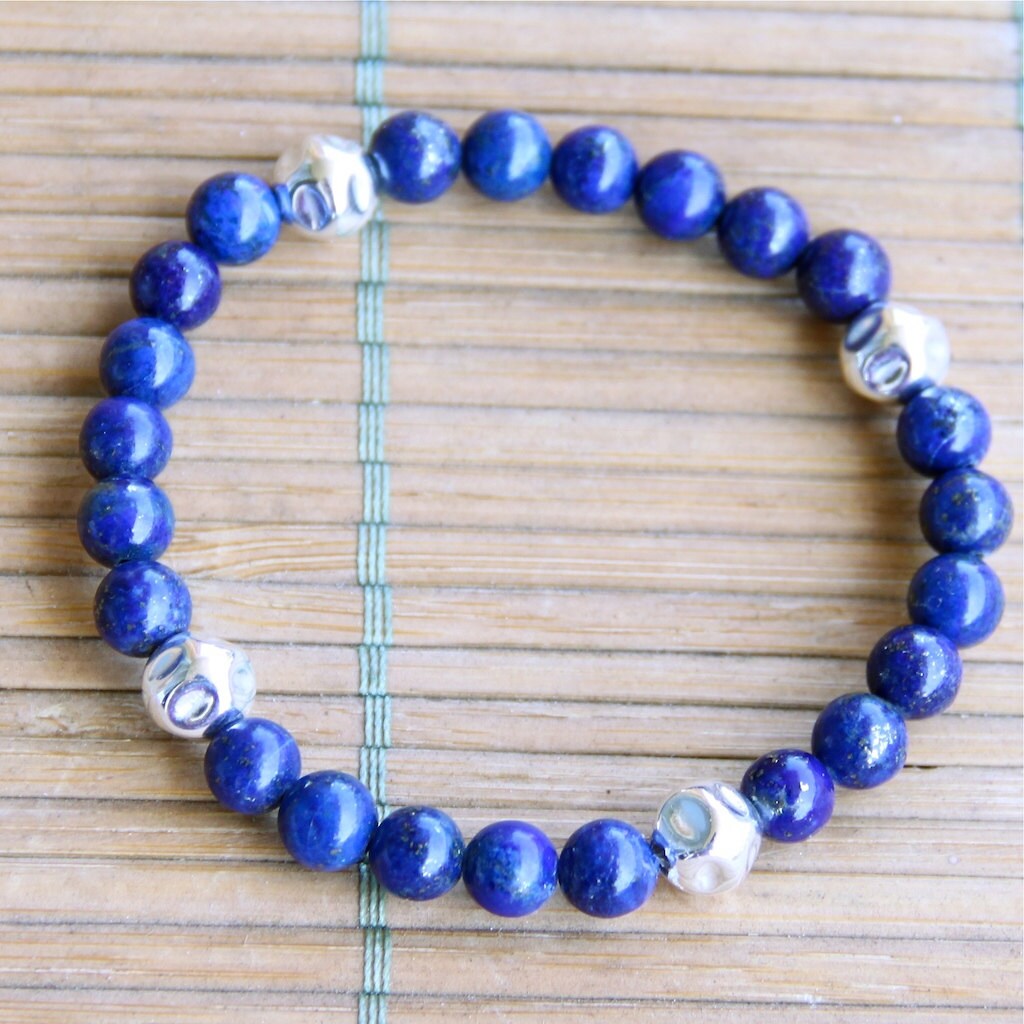 Lapis Sterling Silver bracelet, Lapis bead bracelet,  bead stretch  bracelet.