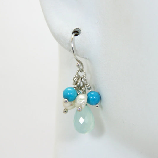 Aqua Chalcedony, Turquoise & Pearl Earrings, Sterling Silver Earrings, December birthstone, Turquoise Jewelry